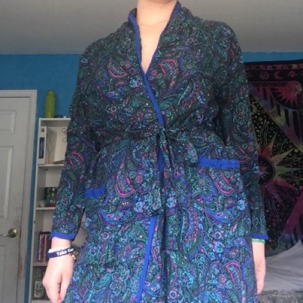 Victoria secret vintage gold label paisley flor print robe black pink blue teal - Picture 2 of 10
